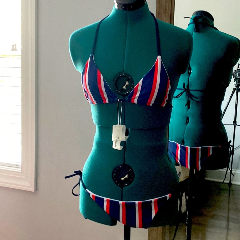 Dark Blue Striped Nautical Triangle Bikini Swimsuit - Two Piece Set